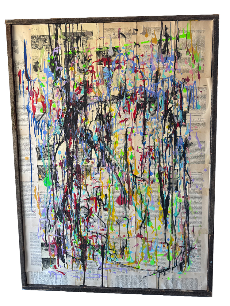 Großformatiges Action-Painting-Gemälde (104x146 cm) mit einem rhythmischen All-Over-Vorhang aus vertikalen Acryl-Farbrinnen im rauen Dachlattenrahmen