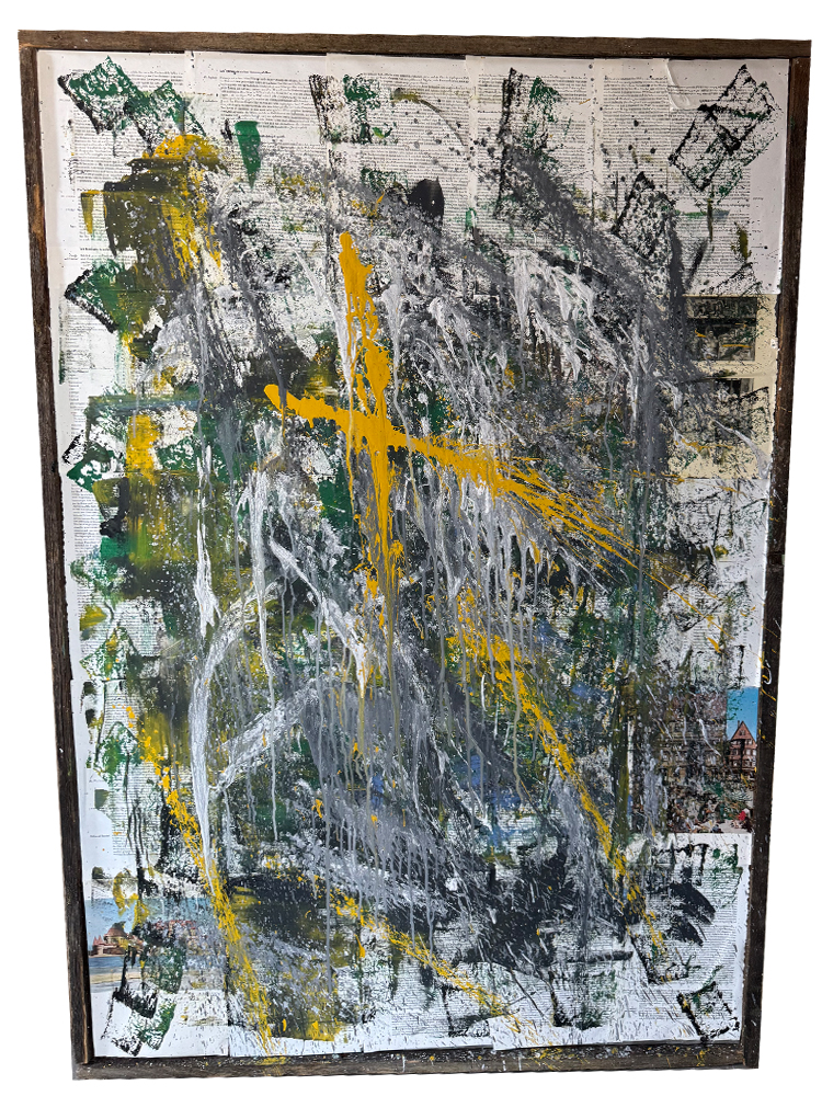 Abstraktes Mixed-Media-Gemälde (104x146 cm) mit Acrylfarben, historischem Buchpapier und Stadtansichten auf industrieller Textil-Unterrollbahn im rohen Dachlattenrahmen.