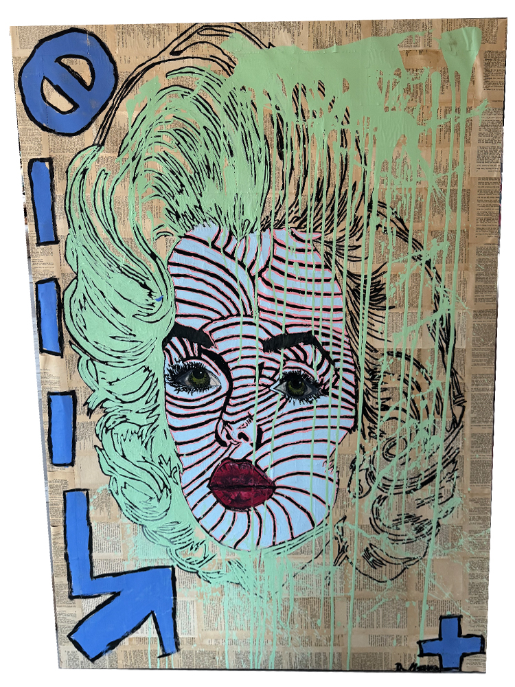 Großformatiges Pop-Art-Gemälde (100x142 cm) von Marilyn Monroe mit psychedelischen Gesichtslinien und mintgrünen Haaren auf 60 Jahre altem Buchpapier mit blauen Symbolen.