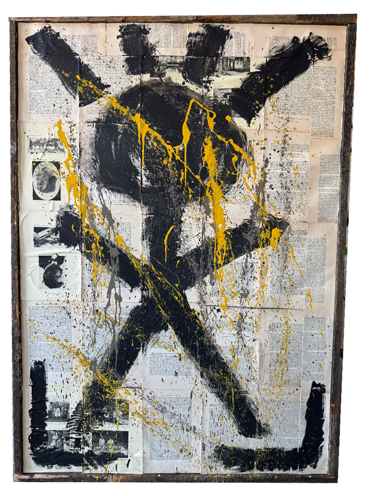 Großformatiges Mixed-Media-Gemälde (104x146 cm) mit einer monumentalen, schwarzen Strichfigur aus zäher Latexfarbe und gelben Spritzern auf historischen Buchseiten im Dachlattenrahmen.