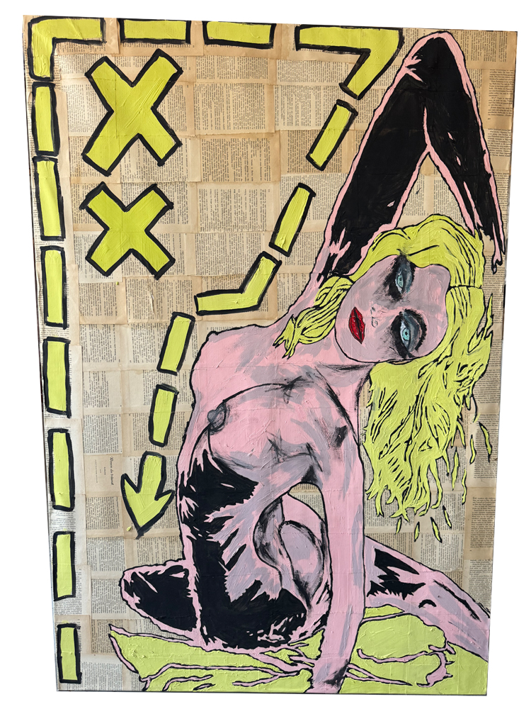 Großformatiges Pop-Art-Gemälde (100x142 cm) einer rosa Frau mit gelben Haaren und zwei gelben XX-Symbolen auf historischem Buchpapier und einer alten Schrankwand.