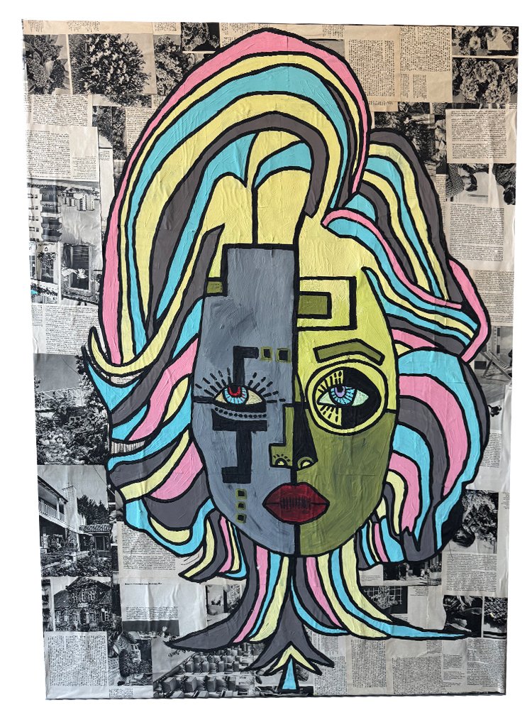 Großformatiges kubistisches Pop-Art-Gemälde (100x142 cm) eines geteilten Frauengesichts mit bunten Haaren auf historischem Buchpapier mit Architekturaufnahmen.