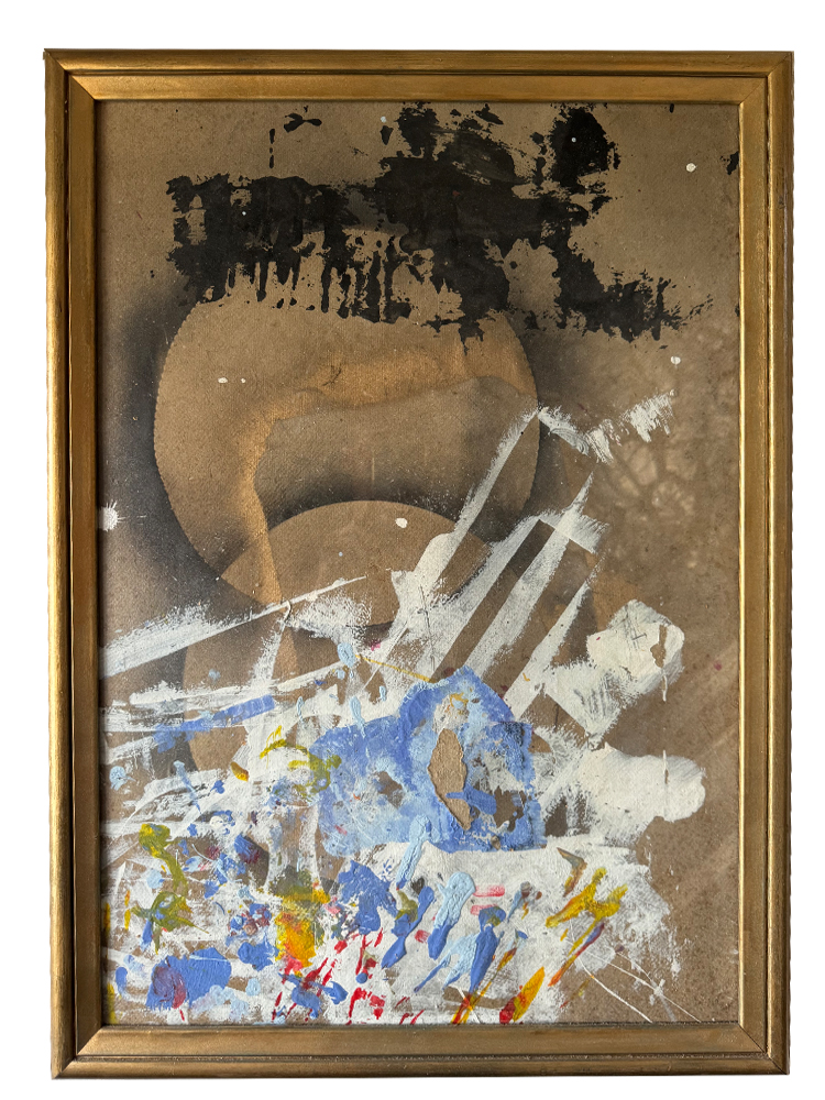 Abstraktes Mixed-Media-Gemälde (57x77 cm) mit braun-goldenen Kreisen, schwarzem Lack und expressiven weißen Spachtelstrichen im goldenen Bilderrahmen mit Glas.