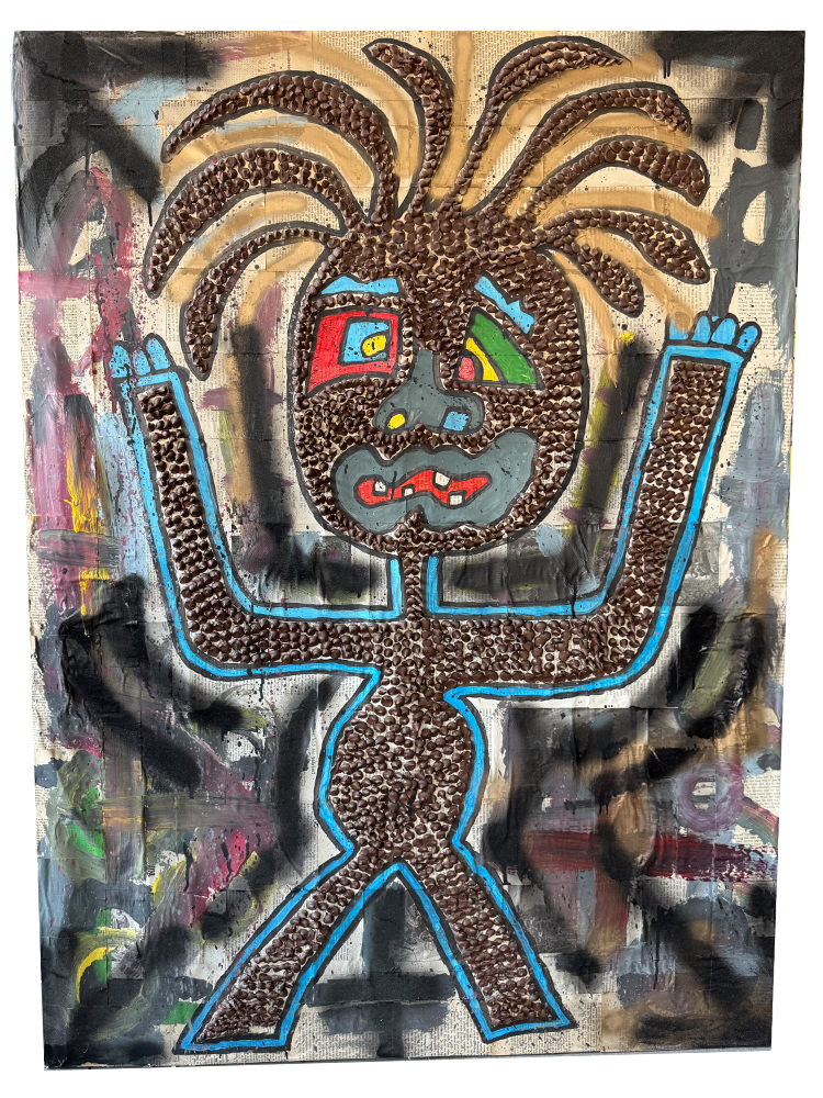 Großformatiges Neo-Expressionismus-Gemälde (100x142 cm) einer braunen Strichfigur aus erhobenen Silikon-Punkten mit blauer Kontur auf historischem Buchpapier.