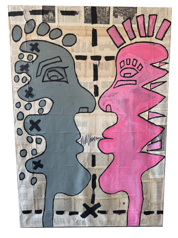 Großformatiges neo-expressionistisches Gemälde (100x142 cm) mit einem grauen und einem pinken Profil im Dialog auf historischen Buchseiten mit einer gestrichelten Trennlinie.