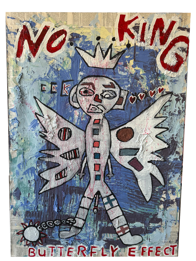 Großformatiges Neo-Expressionismus-Gemälde (100x142 cm) einer gekrönten Engelsfigur mit Flügeln und Eisenkette unter dem Schriftzug NO KING auf historischem Buchpapier.