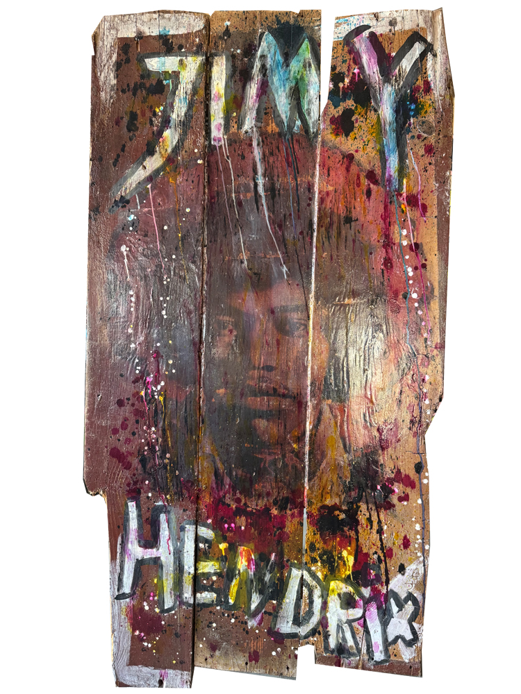 Monumentales Holzkunstwerk (160x81 cm) mit einem abgerubbelten Image-Transfer-Porträt von Jimi Hendrix auf 80 Jahre alten Brettern eines Hühnerstalls mit Graffiti-Schriftzügen.