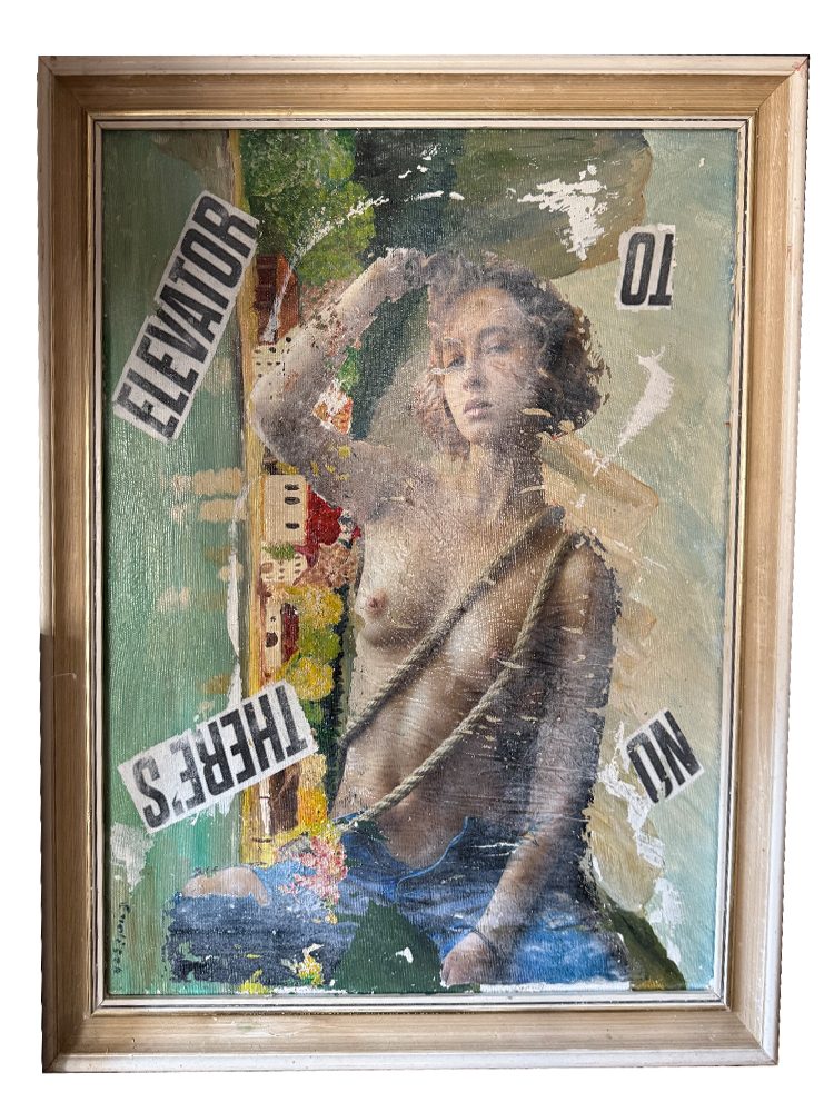 Abstraktes Street-Art-Gemälde (46x56 cm) mit einem abgerubbelten Image-Transfer-Frauenakt auf einem alten Ölgemälde im klassischen Holzrahmen mit Text-Ausschnitten.