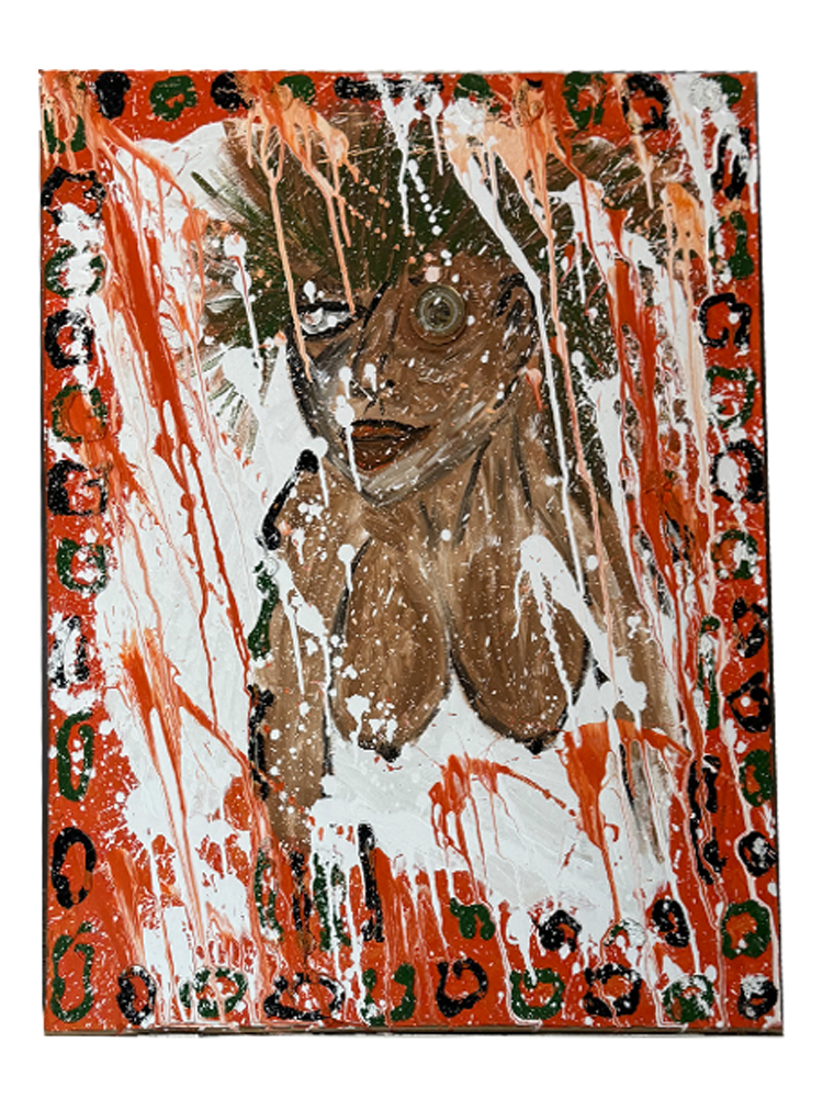 Figürliches Mixed-Media-Gemälde (67x108 cm) einer weiblichen Figur mit einem antiken Kompass als Auge, gemalt mit Sikaflex und Acryl im alten Dachlattenrahmen.