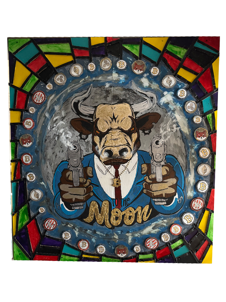 Großformatiges 3D-Pop-Art-Gemälde (123x133 cm) eines bewaffneten Wall-Street-Bullen mit Krypto-Münzen und goldenem "To the Moon"-Schriftzug aus Kartonage-Relief.