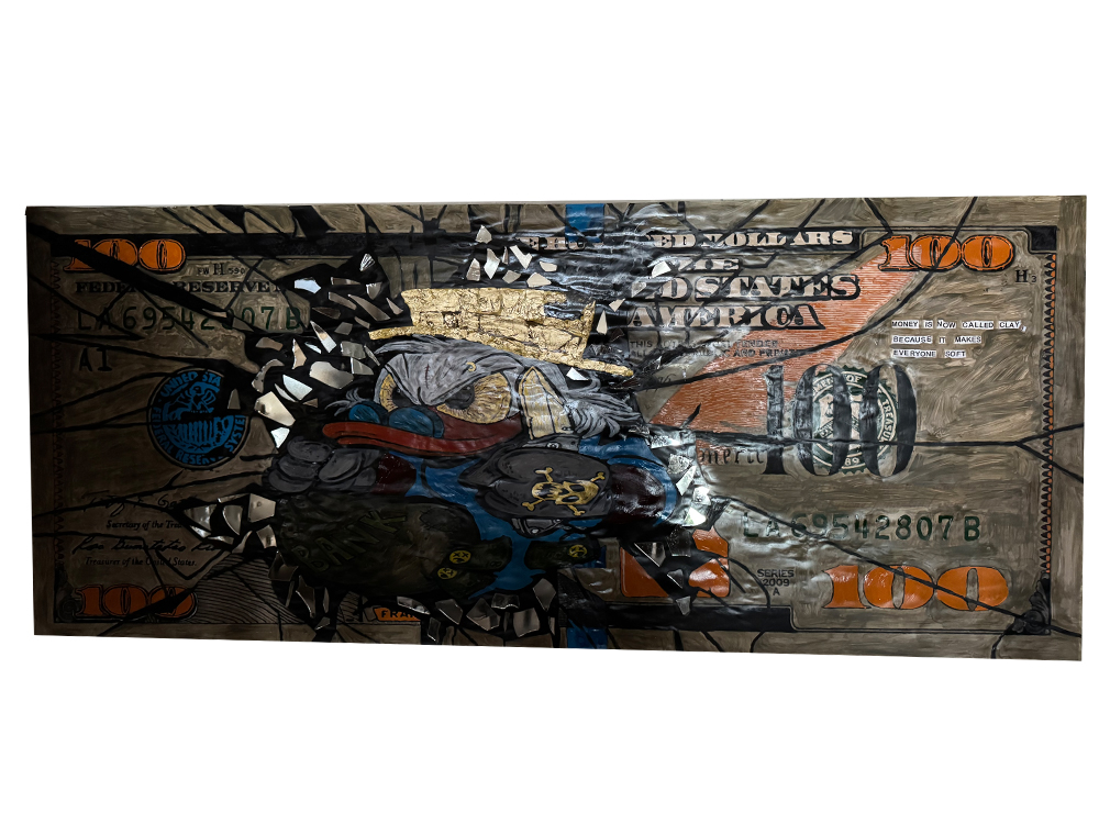 Monumentales 3D-Panorama-Gemälde (200x85 cm) einer 100-Dollar-Note mit Dagobert Duck, echten Spiegelscherben und einer Krone aus Blattgold.