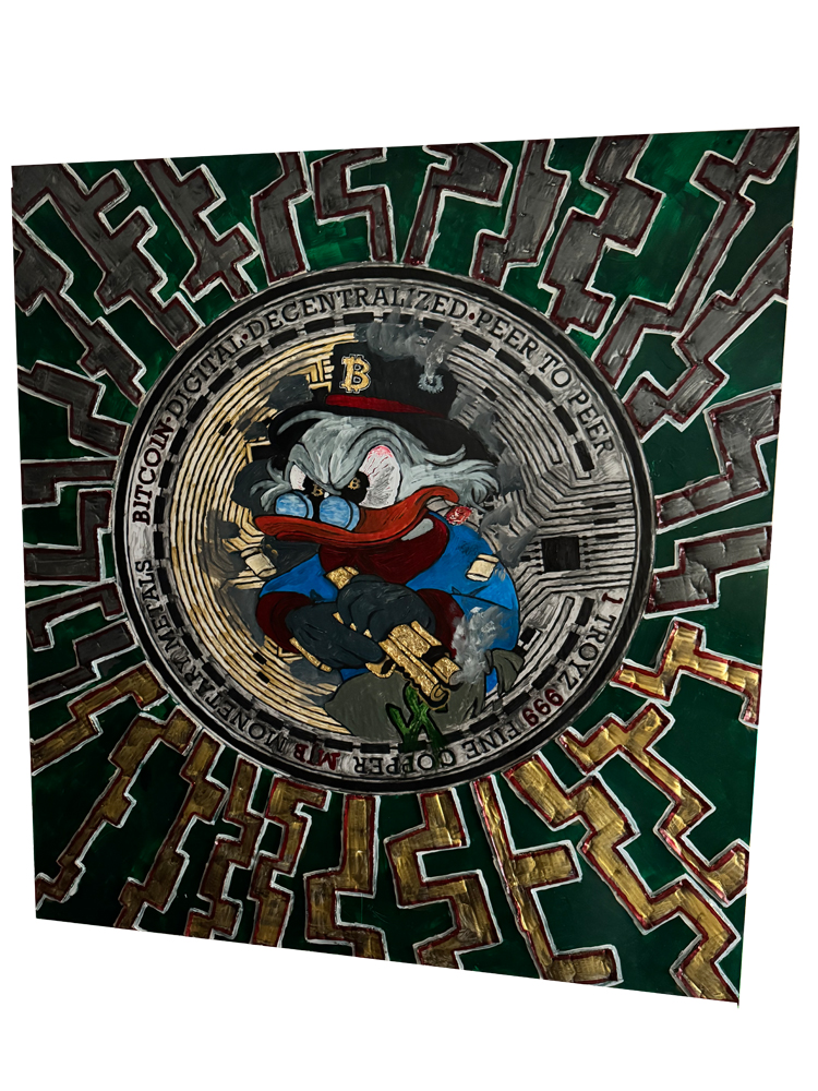 Großformatiges 3D-Krypto-Gemälde (123x133 cm) mit Dagobert Duck und goldener Waffe auf einer riesigen Bitcoin-Münze vor einem goldenen Krypto-Chip-Labyrinth aus Kartonage.