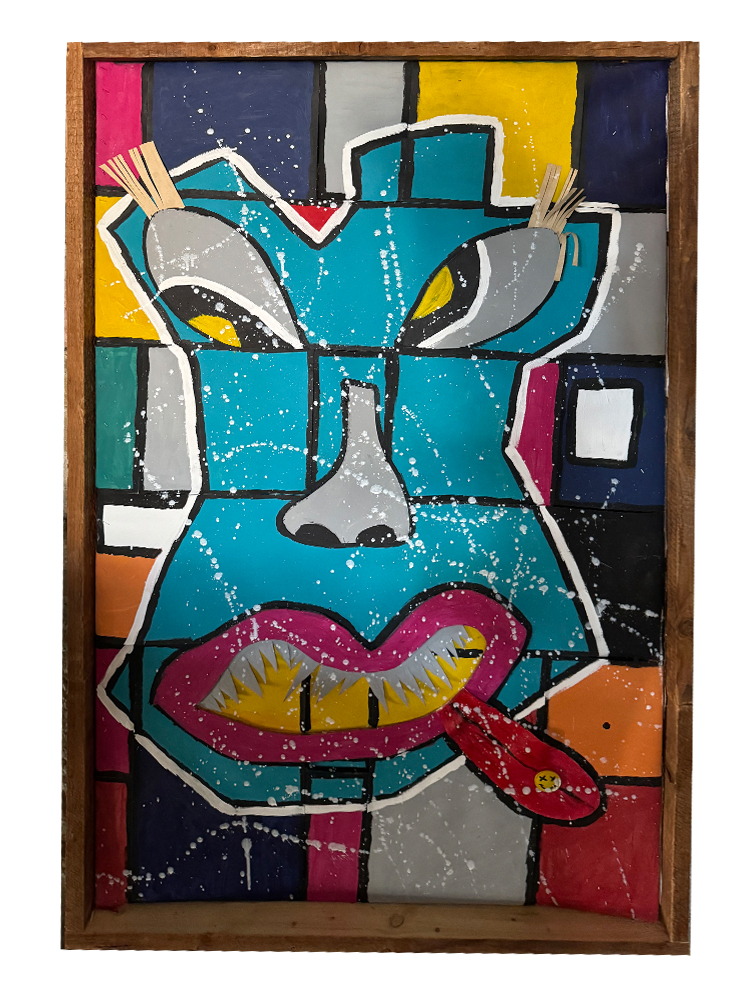 Monumentales 3D-Pop-Art-Gemälde (150x90 cm) einer blauen Voodoo-Fratze mit Plastikzunge auf einem gewobenen Kartonstreifen-Untergrund im Dachlattenrahmen.