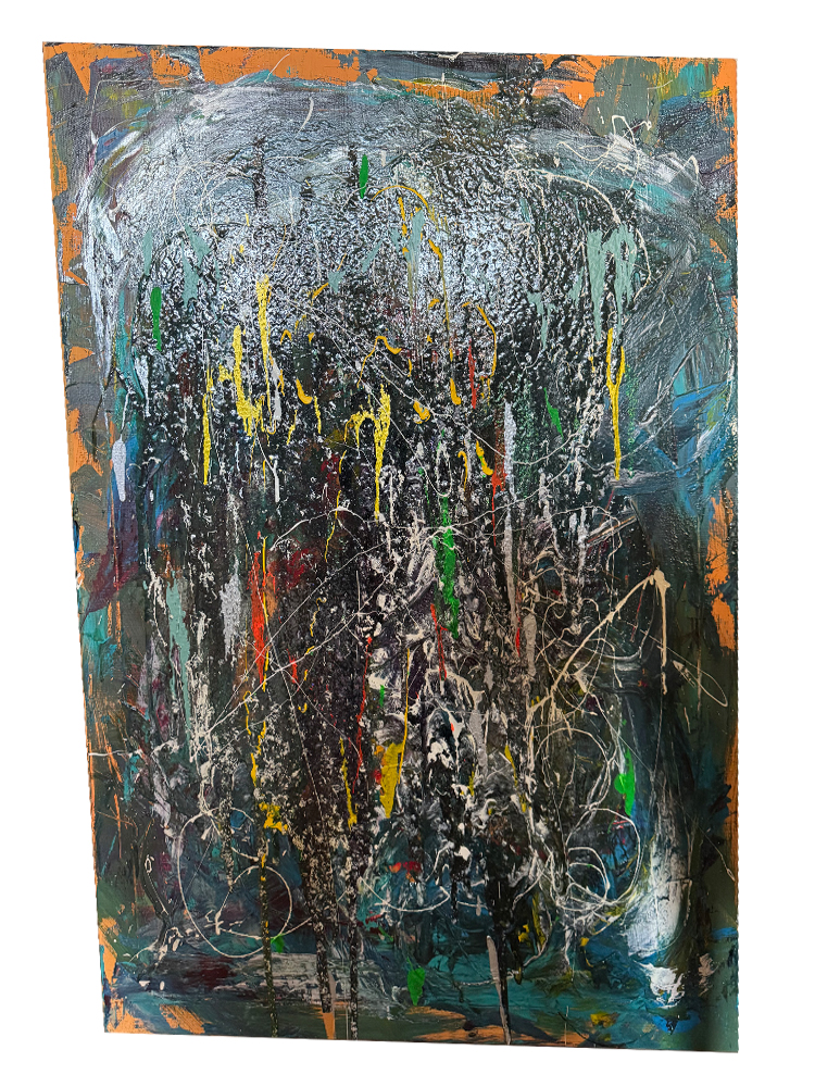 Abstraktes Action-Painting-Gemälde (69x98 cm) unter einer glänzenden Epoxidharz-Schicht mit schwarzen Strukturen und feinen gold-weißen Lackfäden auf Leinwand.