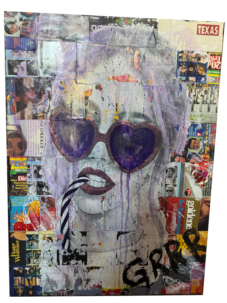Großformatiges Urban-Pop-Art-Gemälde (100x120 cm) auf einer alten Schrankwand, kaschiert mit historischen Schallplattenhüllen und einem abgerubbelten Spiegeldruck einer Frau mit herzförmiger Sonnenbrille im Used-Look.