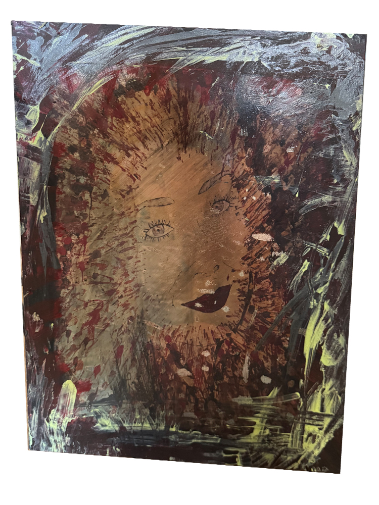 Urban-Pop-Art-Gemälde (35x50 cm) auf einem Aufsteller mit dem aufgedruckten, fein umrissenen Gesicht einer Frau, umgeben von wilden, braun-roten und neongelben Farbspritzern und Pinselstrichen im Used-Look.
