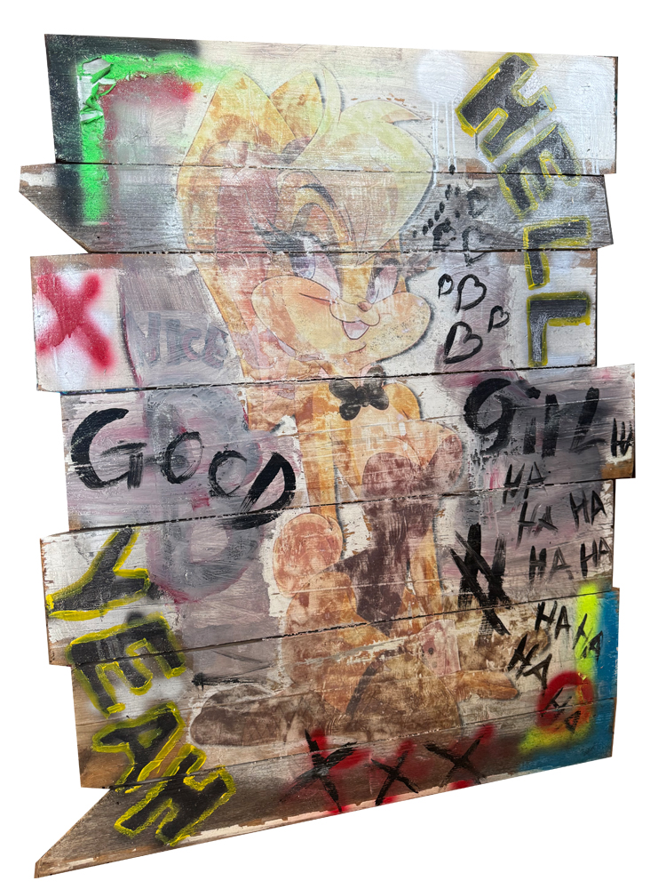 Großformatiges Urban-Pop-Art-Gemälde (129x115 cm) auf einer ca. 80 Jahre alten Hühnerstall-Holztür mit einem Spiegeldruck von Lola Bunny, umgeben von Graffiti-Schriftzügen wie „HELL“, „Good Girl“ und bunten Farbsprühern.