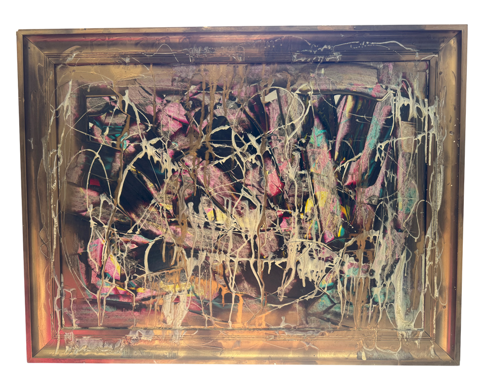 Abstraktes Expressives Acrylgemälde im Querformat (83x63 cm) in einem ca. 60 Jahre alten, goldfarbenen Holzrahmen mit wilden pink-schwarzen Strukturen und darüberfließenden gold-beigen Lack-Drips.