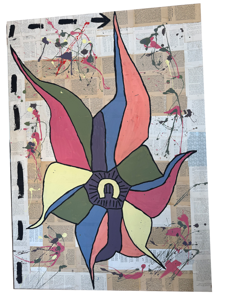 Großformatiges Urban-Pop-Art-Gemälde (142x100 cm) auf einer massiven Spanplatte, flächendeckend kaschiert mit ca. 60 Jahre alten Buchseiten, übermalt mit einer bunten, abstrahierten Acryl-Blüte und wilden Farbspritzern.