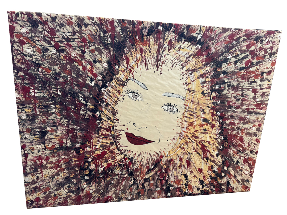 Großformatiges Urban-Pop-Art-Gemälde (130x97 cm) auf Leinwand mit dem Gesicht einer Frau im Zentrum, das von einer massiven Explosion aus unzähligen rot-braunen, schwarzen und weißen Farbspritzern und Drips umgeben ist.