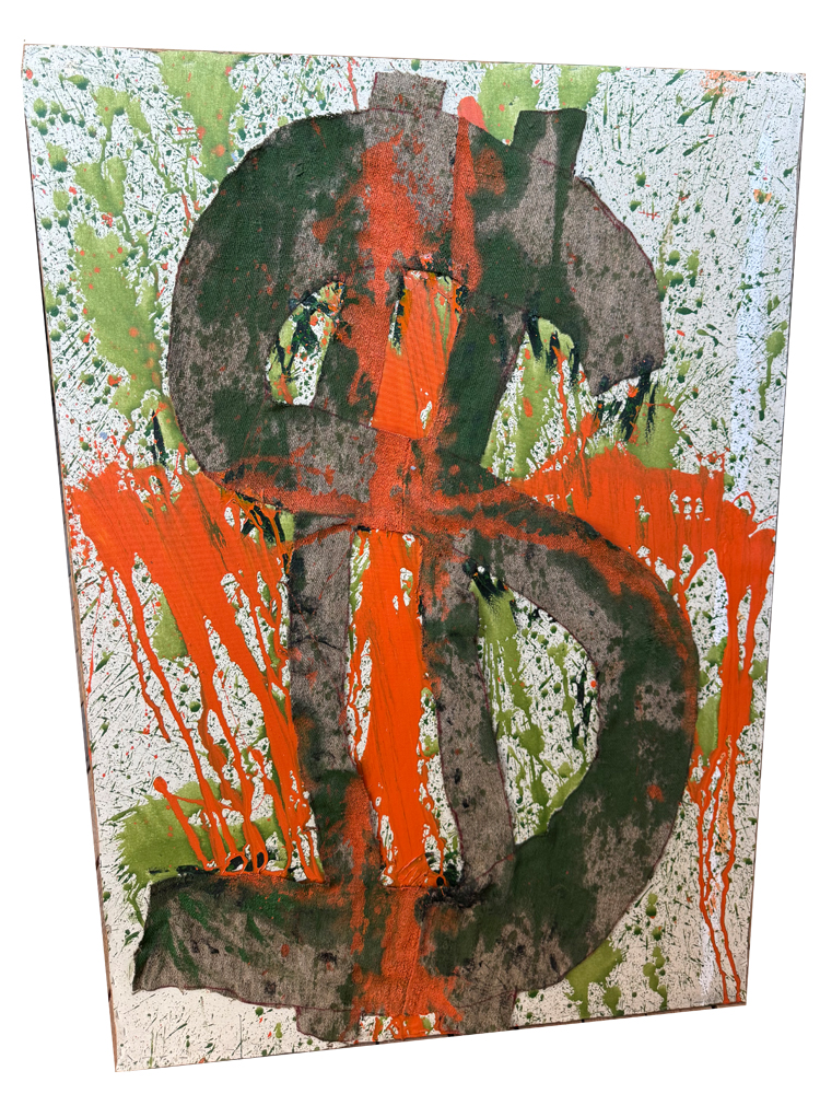 Urban-Pop-Art-Gemälde (88x108 cm) auf einer Leinwand aus einem alten Rollo mit einem aufgebrachten Dollarzeichen aus einem historischen Kartoffelsack, überzogen mit leuchtend orangen und grünen Acryl-Farbspritzern und Drips.
