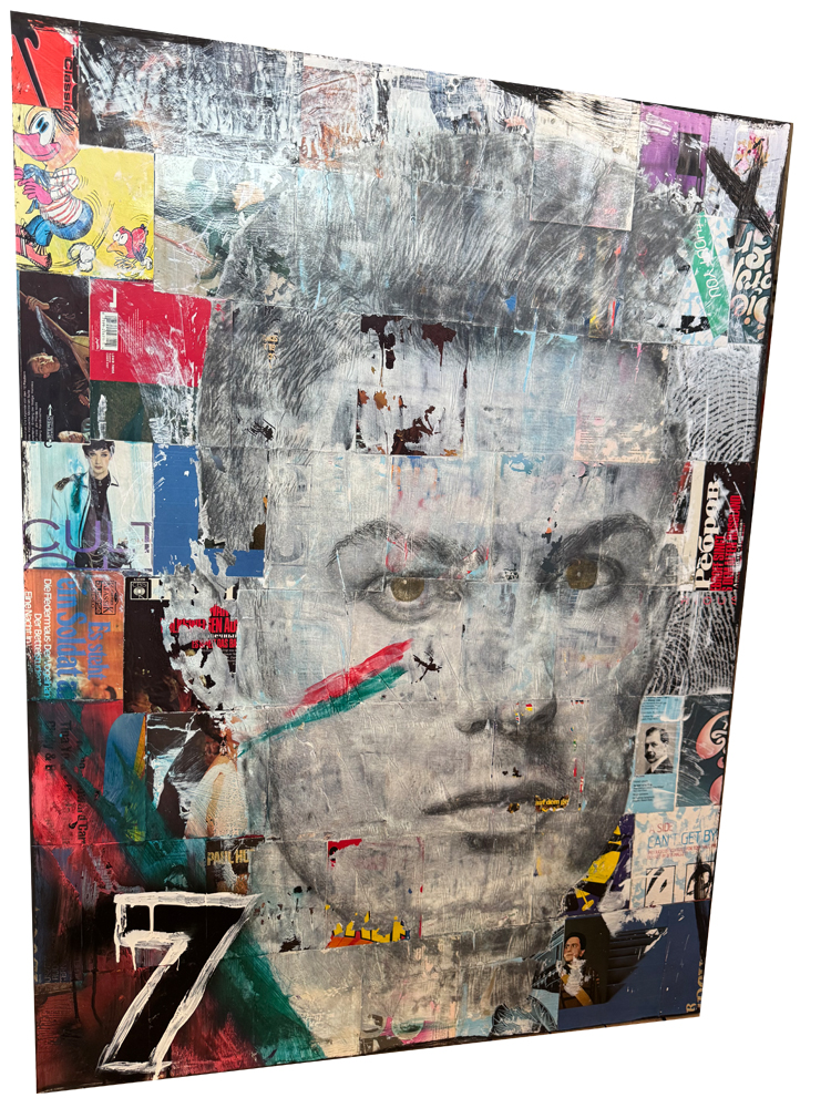 Großformatiges Urban-Pop-Art-Gemälde (100x120 cm) mit dem im Tampondruck aufgebrachten Gesicht von Cristiano Ronaldo auf einer dichten Collage aus historischen Schallplattenhüllen mit einer großen, weißen Nummer 7 im Vordergrund.