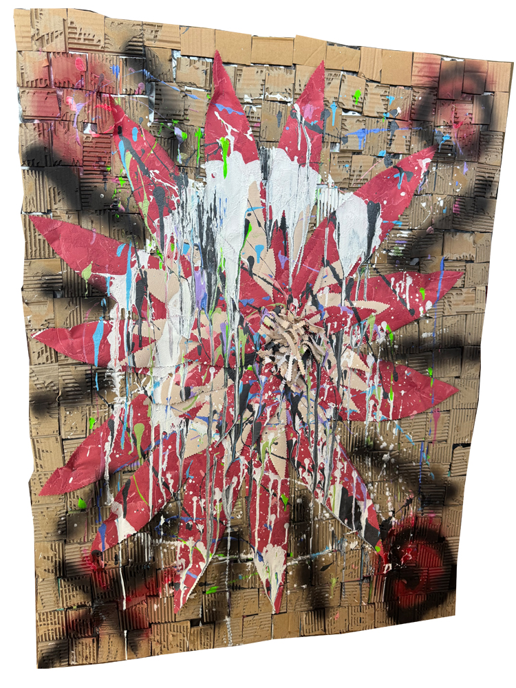 Großformatiges 3D-Urban-Pop-Art-Gemälde (100x120 cm) auf Spanplatte mit einem Mosaik aus Wellpappe, einer großen, sternförmigen Blüte aus roter, historischer Tapete und wilden Acryl-Lack-Drips.
