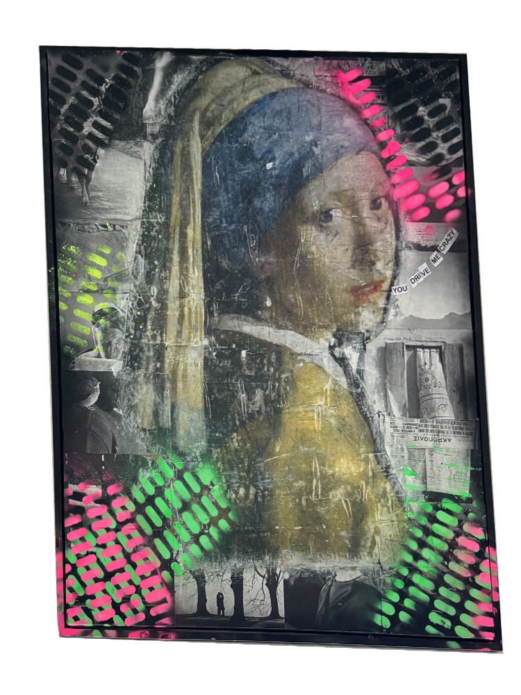 Großformatiges Street-Art-Gemälde (84x104 cm) mit einer abgerubbelten Image-Transfer-Collage von Vermeers Mädchen mit dem Perlenohrring auf 40 Jahre altem Buchpapier mit Neon-Spraylack.