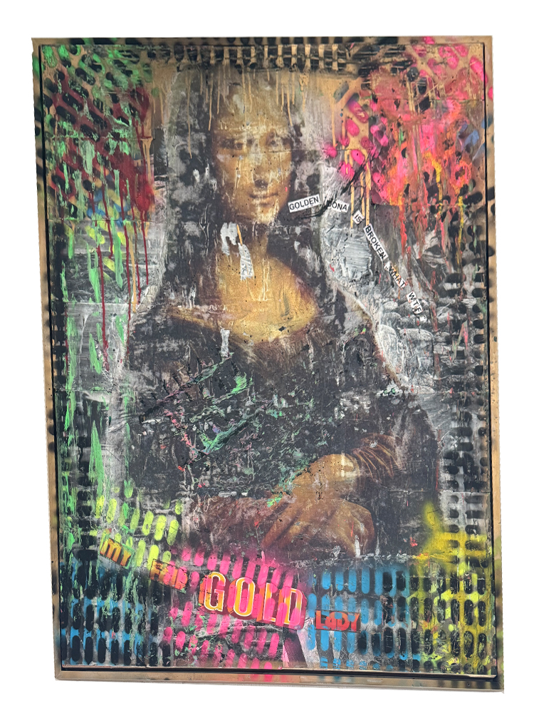Großformatiges Street-Art-Gemälde (84x104 cm) mit einer manuell zerstörten Image-Transfer-Collage der Mona Lisa auf historischem Papier mit Neon-Farbe im Alu-Keilrahmen.