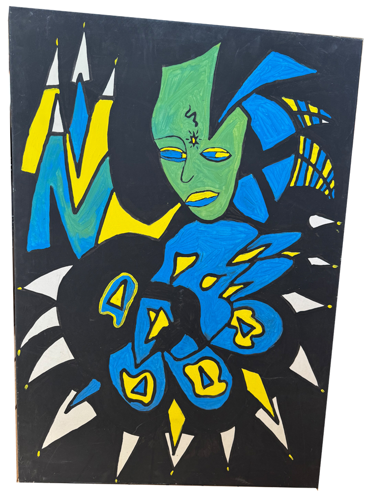 Großformatiges Pop-Art-Gemälde auf schwarzem Hintergrund im Hochformat. Im oberen Zentrum zeigt es ein stilisiertes, grünes Gesicht mit blauer Kopfbedeckung und einem Symbol auf der Stirn. Darunter befindet sich eine abstrakte, blau-gelbe Körperform mit mehreren dreieckigen Elementen, umgeben von weißen und gelben Zacken.