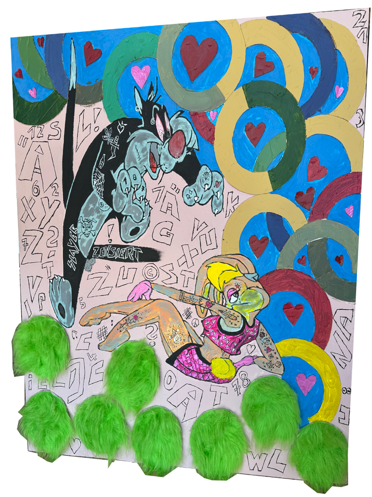 Großformatiges, buntes Pop-Art-Gemälde im Hochformat. Oben links ist eine graue, tätowierte Comic-Katze zu sehen, darunter liegt eine blonde Frauenfigur im pinken Outfit. Die rechte Bildhälfte besteht aus konzentrischen Kreisen in Blau, Grün, Gelb und Rot, die mit kleinen roten Herzen gefüllt sind. Am unteren Rand und links sind mehrere dreidimensionale, neongrüne Flokati-Stoffbälle appliziert.