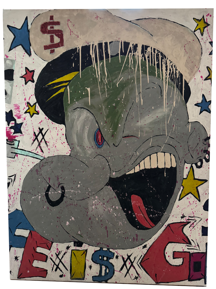 Großformatiges Pop-Art-Gemälde im Hochformat auf einer graublauen Dachfolie aus Stoff. Es zeigt das verzerrte, graue Gesicht von Popeye dem Seemann mit weit aufgerissenem Mund, Nasenring und Matrosenmütze. Der Hintergrund ist mit bunten Sternen, einem Dollarzeichen und feinen Farbspritzern übersät, während am unteren Rand ein großer, bunter Graffiti-Schriftzug prangt.