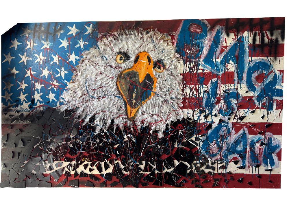 Monumentales Urban-Pop-Art-Wandobjekt im Querformat 200 x 118 cm auf einer echten Schrankrückwand. Das zentrale Motiv zeigt einen imposanten Weißkopfseeadler mit einem weit geöffneten, orangefarbenen Schnabel, dessen Kopf vollständig mit echten Federn plastisch ausgearbeitet ist. Der Hintergrund ist als dekonstruierte amerikanische Flagge (Stars and Stripes) gestaltet. Auf der rechten Bildhälfte prangt der wuchtige, mehrschichtige Graffiti-Schriftzug „BLACK IS BACK“ in Blau und Weiß, überlagert von tiefschwarzen Tags im oberen Bereich. Der untere Teil des Kunstwerks ist dicht mit unzähligen, mosaikartig zerbrochenen Splittern aus schwarzem Plexiglas besetzt und von wilden, roten Farbspritzern überzogen.
