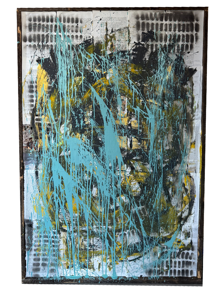 Großformatiges Mixed-Media-Kunstwerk (104x146 cm) mit expressiven türkisfarbenen Drips und schwarzen Schablonen-Rastern auf historischem Buchpapier und Textil-Unterrollbahn.