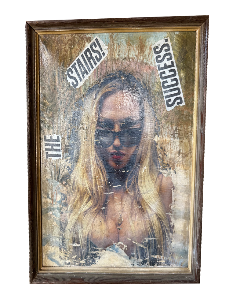 Ikonisches Urban-Pop-Art-Wandobjekt im Format 44 x 53 cm in einem verzierten, historischen Bilderrahmen mit goldener Innenkante. Das zentrale Motiv zeigt ein ausdrucksstarkes Frauenporträt mit blonder Mähne und Sonnenbrille, aufgebracht als Tampondruck. Die Oberfläche ist im Vintage-Stil collagiert und wird von den grafischen Schriftelementen „THE“, „STAIRS!“ und „SUCCESS.“ flankiert.