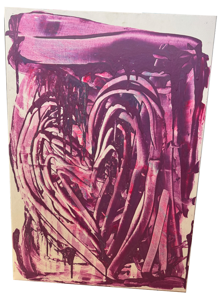 Abstraktes Urban-Pop-Art-Gemälde im Format 60 x 80 cm auf Leinwand. Im Zentrum dominiert ein wuchtiges, mehrfach geschichtetes Herzmotiv in intensiven Purpur- und Violetttönen. Am oberen Bildrand prangt ein breiter, horizontaler Rakelstrich, von dem dunkle Farbrinnen (Drippings) nach unten über das Herz laufen.