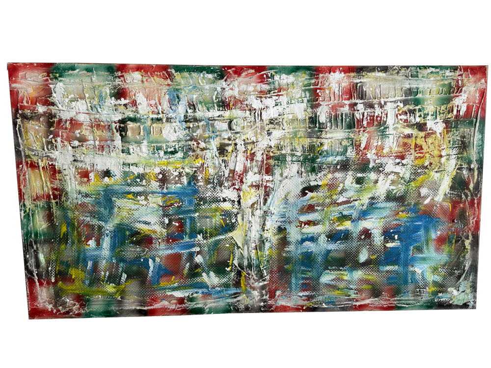 Monumentales, abstraktes Urban-Pop-Art-Wandobjekt im Querformat 200 x 110 cm, gefertigt auf einer strukturierten Glasfasermatte. Die Komposition zeigt ein vielschichtiges, gitter- und reliefartiges Farbfeld in leuchtendem Blau, Rot, Grün und Gelb, das von stark pastosen, weißen Acrylstrukturen und horizontalen Rakelspuren überlagert wird.